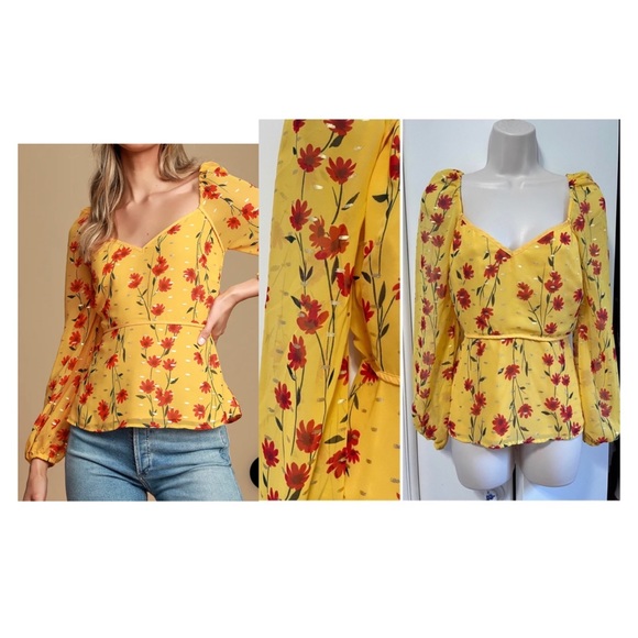 Lulus Tops - Mustard Yellow Floral Print Peplum Top